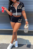 Pink Fashion Casual Solid Embroidered Zipper Collar Short Sleeve Two Pieces