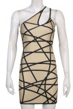 Apricot Sexy Print Patchwork Asymmetrical Collar One Step Skirt Dresses