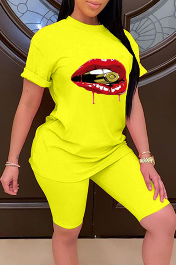 Yellow Casual Street Print Patchwork O Neck Short Sleeve Two Pieces