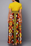 Yellow Fashion Casual Print Basic O Neck Short Sleeve Dress
