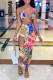 Blue Sexy Print Hollowed Out Patchwork Halter Sleeveless Two Pieces