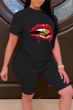 Rose Red Casual Street Print Patchwork O Neck Short Sleeve Two Pieces