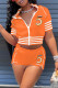 Orange Fashion Casual Solid Embroidered Zipper Collar Short Sleeve Two Pieces