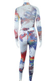 White Sexy Print Patchwork See-through O Neck Long Sleeve Two Pieces