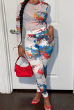 White Sexy Print Patchwork See-through O Neck Long Sleeve Two Pieces