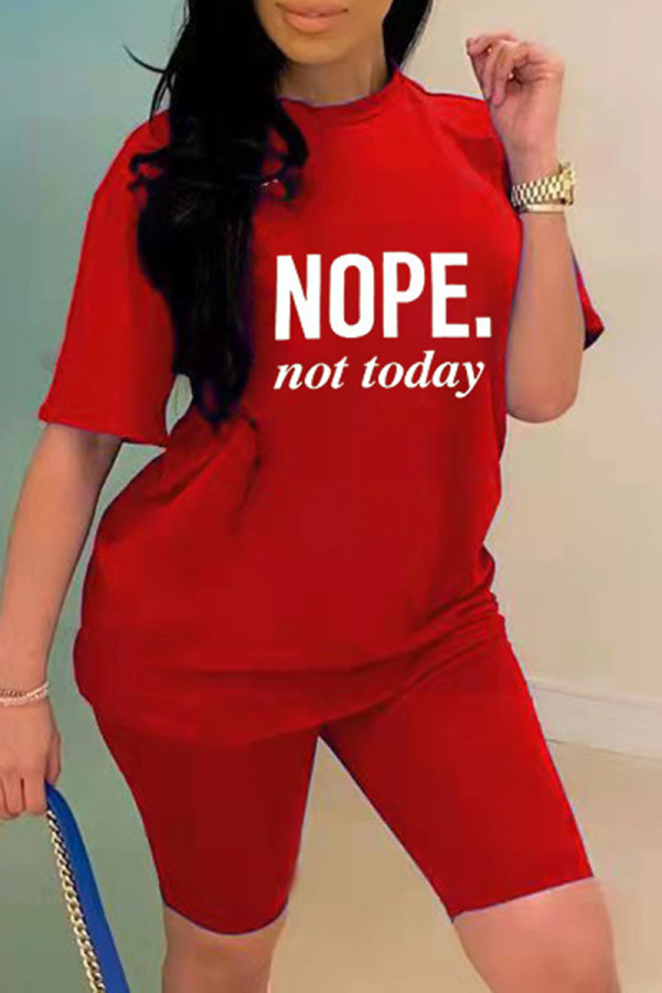Red Fashion Casual Letter Print Basic O Neck Short Sleeve Two Pieces