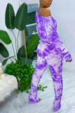 purple Blends Casual Print Tie Dye asymmetrical Two Piece Suits pencil Long Sleeve Two Pieces