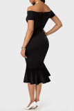 Black Fashion Casual Print Backless Off the Shoulder Short Sleeve Dress