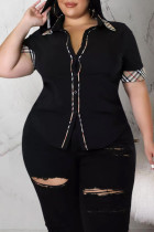 Black Casual Print Patchwork Buckle Turndown Collar Plus Size Tops