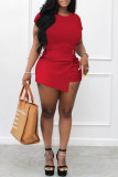 Red Fashion Casual Solid Patchwork O Neck Short Sleeve Two Pieces