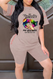 Rose Red Casual Street Print Patchwork O Neck Short Sleeve Two Pieces