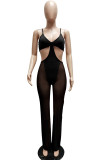 Blue Fashion Sexy Solid See-through Backless Spaghetti Strap Skinny Jumpsuits