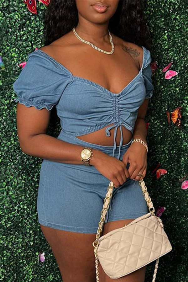 Light Blue Fashion Casual Solid Hollowed Out Draw String V Neck Skinny Denim Romper