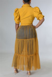 Yellow Fashion Casual Solid Patchwork Mesh Turndown Collar Shirt Dress