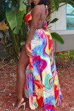 Red Fashion Sexy Print Bandage Backless Slit Halter Sleeveless Dress
