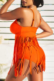 Rose Red Fashion Sexy Solid Tassel Backless Swimwears (With Paddings）