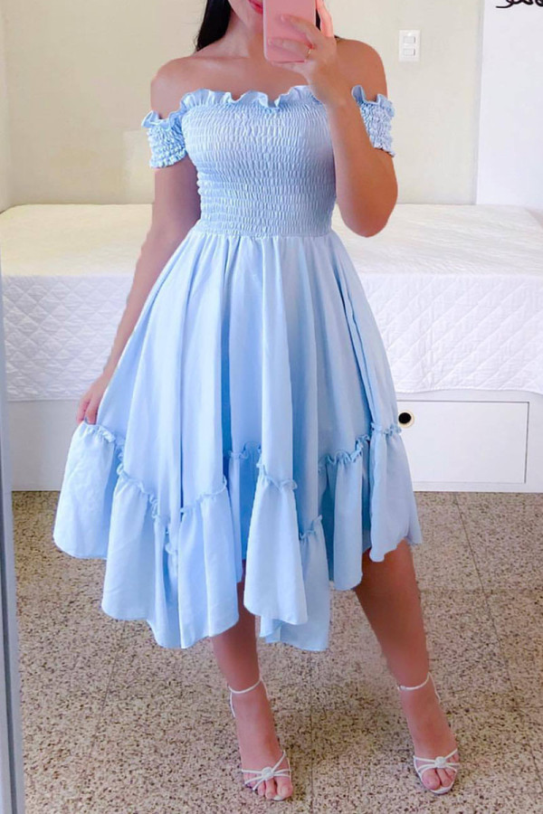 Sky Blue Casual Sweet Solid Patchwork Flounce Fold Asymmetrical Off the Shoulder A Line Dresses
