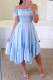 Sky Blue Casual Sweet Solid Patchwork Flounce Fold Asymmetrical Off the Shoulder A Line Dresses