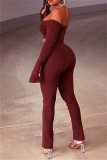 Red Fashion Casual Solid Backless Slit Off the Shoulder Long Sleeve Two Pieces