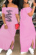 Pink Fashion Casual Print Letter Off the Shoulder One Step Skirt Dresses