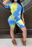 Pink Casual Patchwork Tie-dye O Neck Short Sleeve Two Pieces