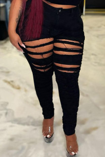 Black Sexy Street Solid Ripped Make Old Split Joint Plus Size Jeans