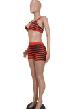 Tangerine Red Fashion Sexy Striped Print Backless Spaghetti Strap Sleeveless Two Pieces