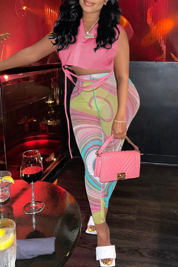Pink Fashion Casual Print Bandage Turndown Collar Sleeveless Two Pieces