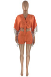 Orange Fashion Casual Solid Tassel Patchwork Frenulum V Neck Half Sleeve Two Pieces