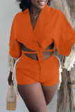 Orange Fashion Casual Solid Tassel Patchwork Frenulum V Neck Half Sleeve Two Pieces