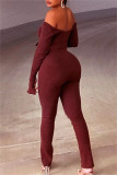 Red Fashion Casual Solid Backless Slit Off the Shoulder Long Sleeve Two Pieces