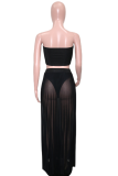 Black Sexy Solid Mesh Strapless Sleeveless Two Pieces