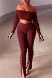 Red Fashion Casual Solid Backless Slit Off the Shoulder Long Sleeve Two Pieces