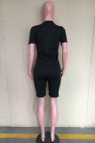 Black Fashion Sweet Letter Print Patchwork O Neck Short Sleeve Two Pieces