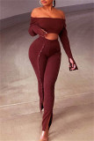 Red Fashion Casual Solid Backless Slit Off the Shoulder Long Sleeve Two Pieces