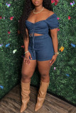 Light Blue Fashion Casual Solid Hollowed Out Draw String V Neck Skinny Denim Romper