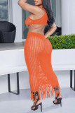 Tangerine Red Sexy Solid Tassel Hollowed Out Split Joint Swimwears Cover Up