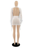 White Fashion Sexy Solid See-through Backless V Neck Long Sleeve Two Pieces