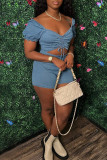 Light Blue Fashion Casual Solid Hollowed Out Draw String V Neck Skinny Denim Romper