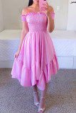 Pink Casual Sweet Solid Patchwork Flounce Fold Asymmetrical Off the Shoulder A Line Dresses