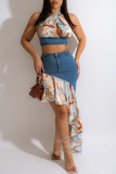 Blue Fashion Sexy Print Patchwork Flounce Asymmetrical Halter Sleeveless Two Pieces