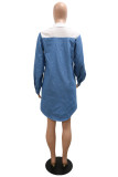 White Fashion Casual Print Patchwork Turndown Collar Long Sleeves Shirt Dress