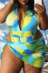 Multicolor Fashion Sexy Print Backless Halter Plus Size Swimwear (With Paddings)