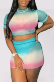 Pink Sexy Gradual Change Patchwork Half A Turtleneck Short Sleeve Two Pieces
