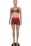 Tangerine Red Fashion Sexy Striped Print Backless Spaghetti Strap Sleeveless Two Pieces
