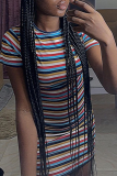Multicolor Sexy Striped Patchwork O Neck Pencil Skirt Dresses