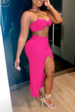 Rose Red Sexy Solid Patchwork Chains Slit Knotted Halter Sleeveless Two Pieces