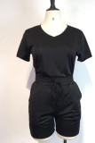 Black Casual Solid Split Joint V Neck Short Sleeve Two Pieces