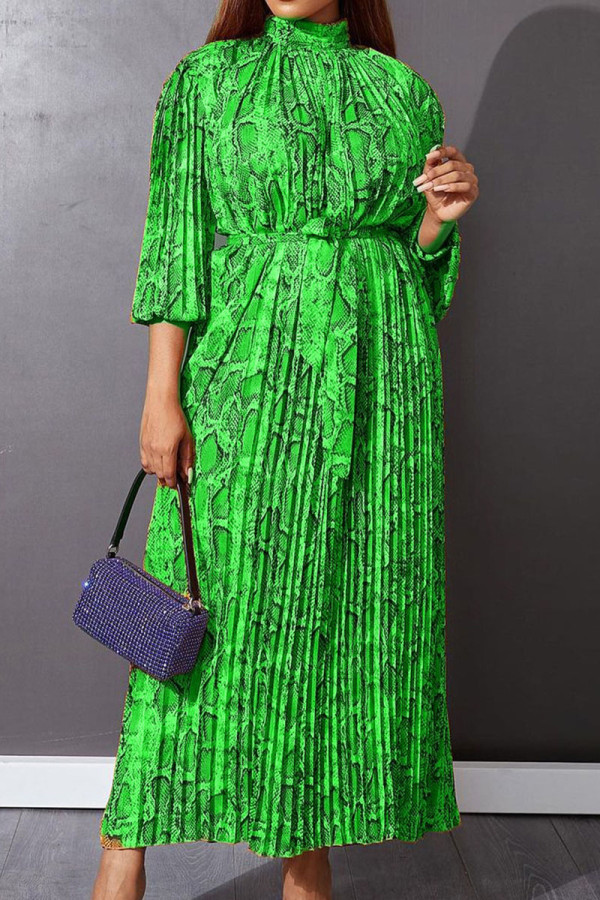Green Casual Print Bandage Patchwork Fold Half A Turtleneck Straight Dresses