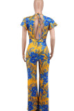 Yellow Sexy Print Split Joint Backless V Neck Straight Jumpsuits